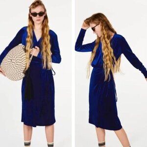 Zara Cobalt Blue Velvet Long Sleeve Wrap Midi Dress Small